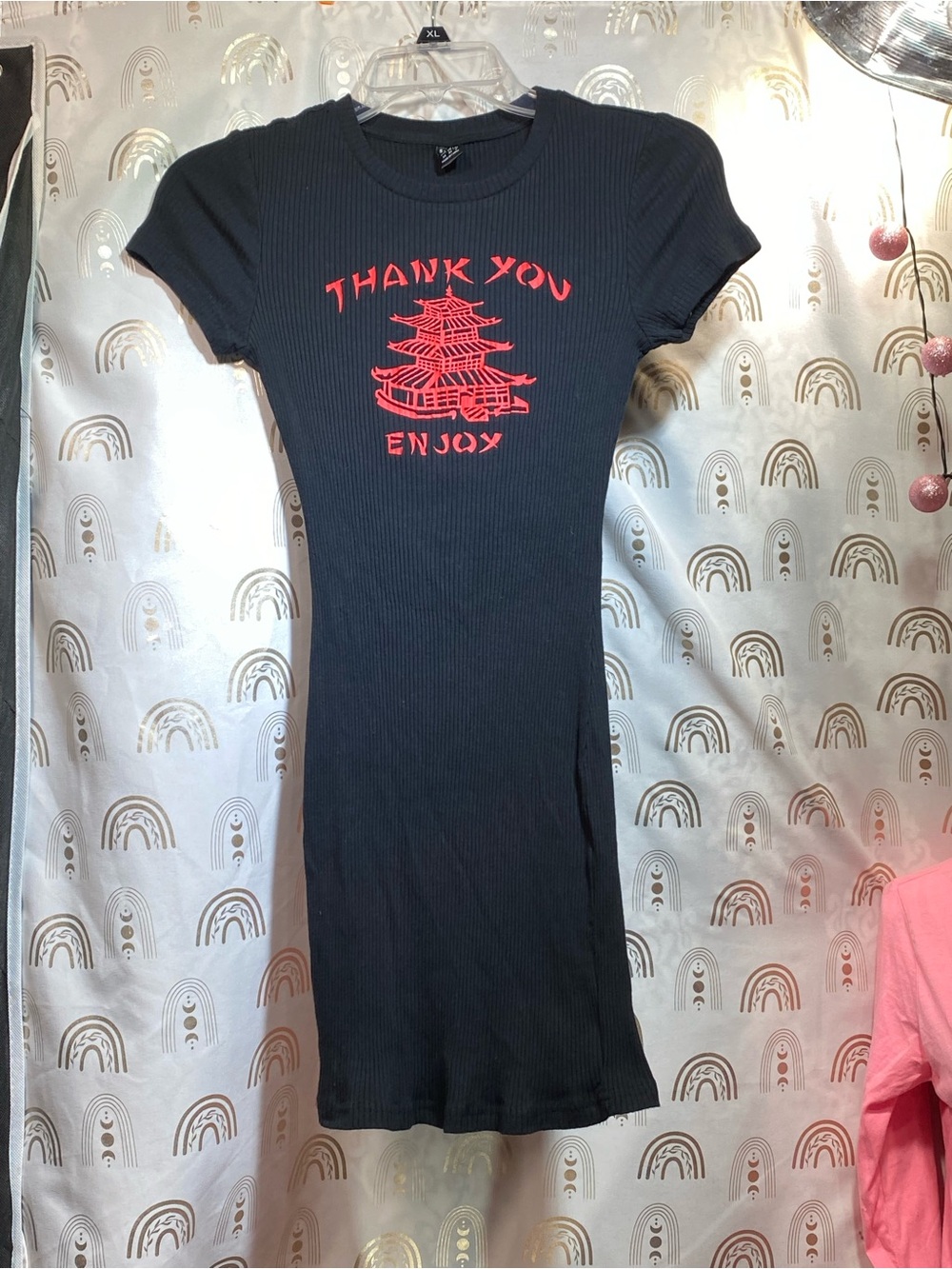 SHEIN Black Ribbed Tee Dress with Red Pagoda Graphic